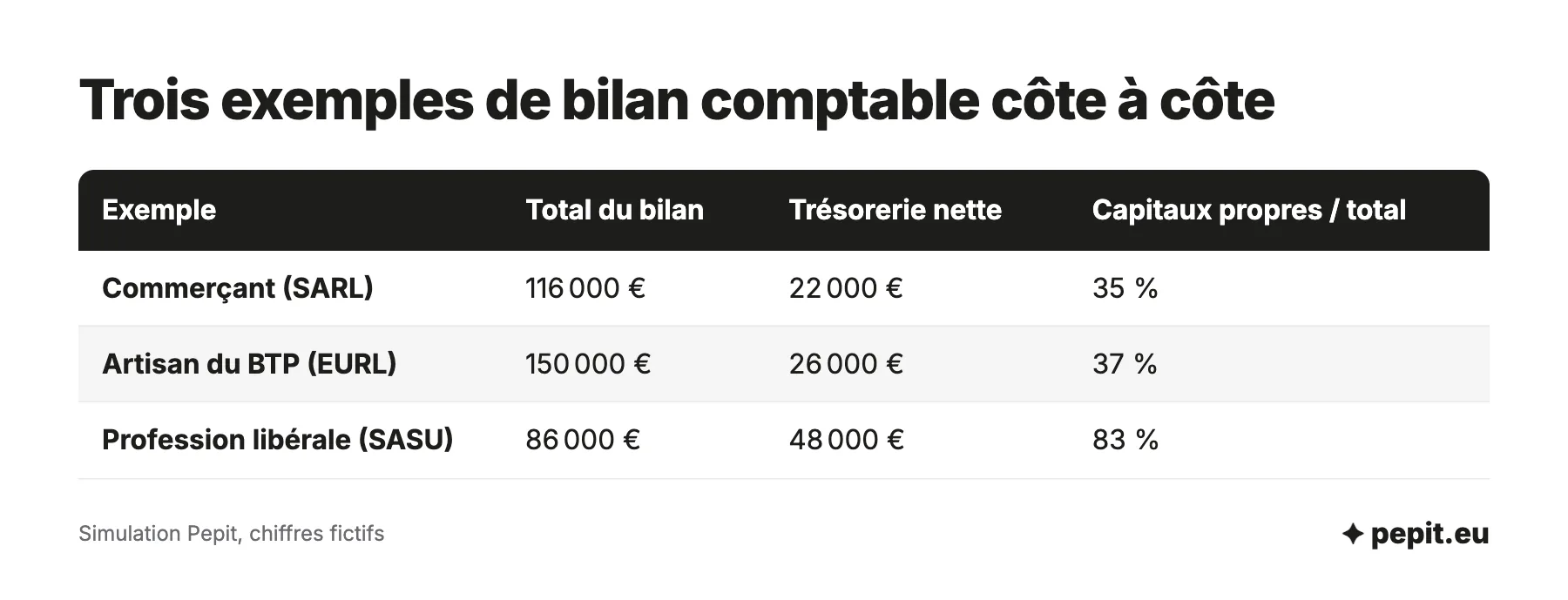 Exemple du bilan comptable pour un commerçant, un artisan du BTP et une profession libérale en société : total du bilan, trésorerie nette et part des capitaux propres.