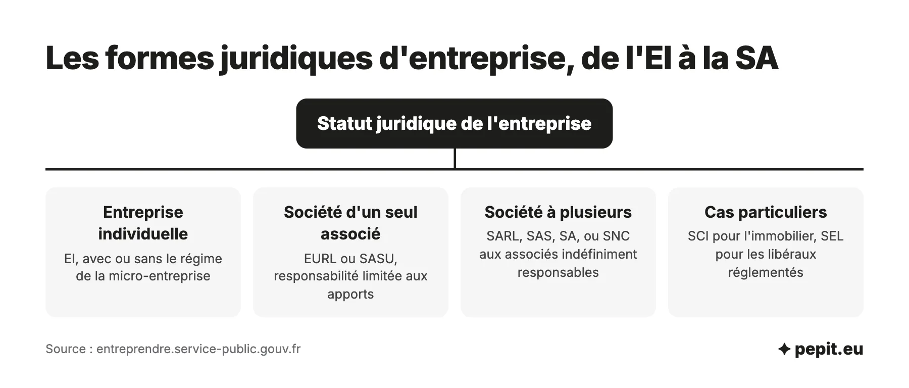 Organigramme des formes de statut juridique : entreprise individuelle et micro-entreprise, EURL et SASU, SARL, SAS, SA et SNC, SCI et sociétés d'exercice libéral.